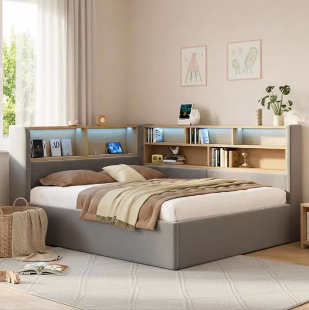 Letto imbottito con contenitore idraulico 225x160x90 cm in velluto grigio; LED; USB e Type-C