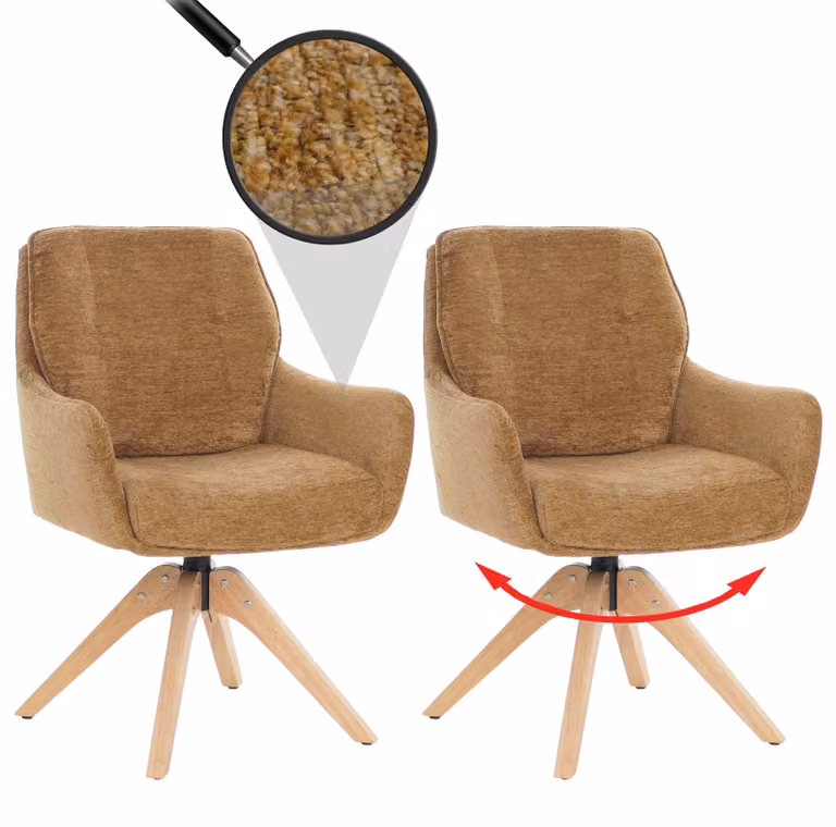 Set di 2 sedie da pranzo HWC-Q37, sedia girevole per cucina, rivestita in tessuto (680g/m²) tipo chenille, struttura in legno, colore giallo senape