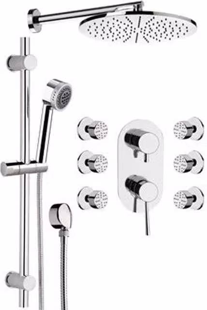 Set doccia a incasso Remer serie Minimal con soffione, saliscendi e miscelatore in ottone color argento cromato