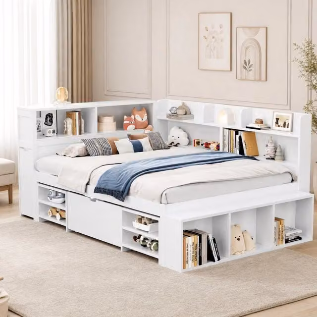 Letto singolo multifunzionale 140x200 cm con contenitori e rete a doghe; in legno multistrato bianco