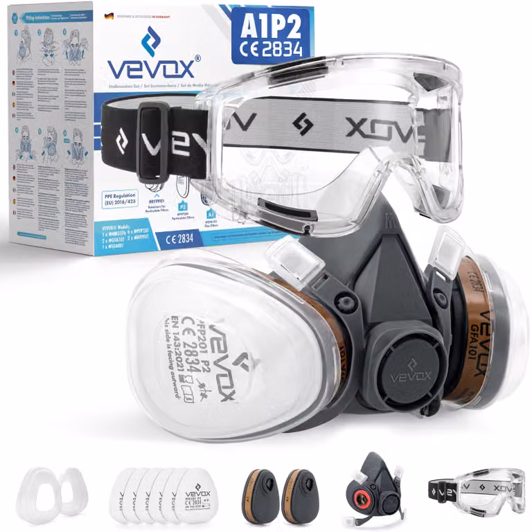 Mascherina protettiva VEVOX® - Filtro A1P2 - Maschera antigas - Mascherina antipolvere - Mascherina per verniciatura