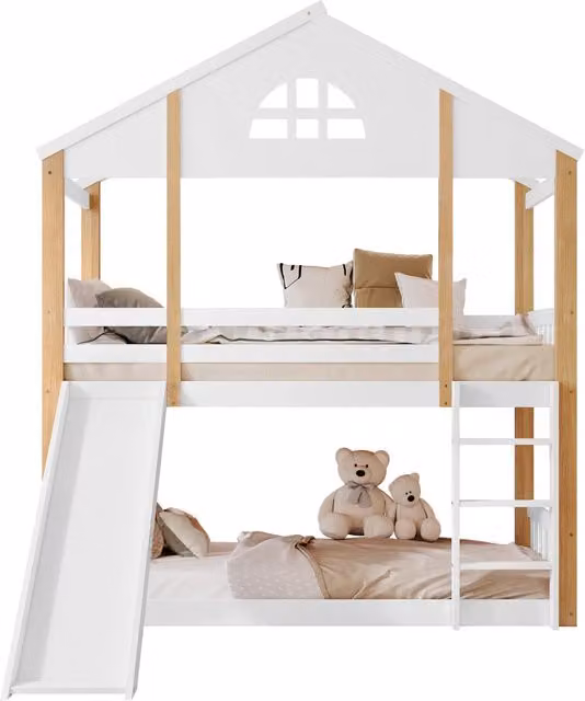 Letto a castello Chicfurn per bambini in stile scandinavo con scivolo, scala a tre gradini e struttura a casetta, colore bianco, L/P/H: 90 x 200 cm – 1