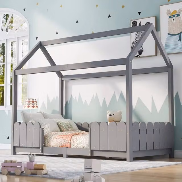 Letto a casetta in legno per bambini con protezione anti-caduta e doghe; grigio; 90x200 cm; senza materasso