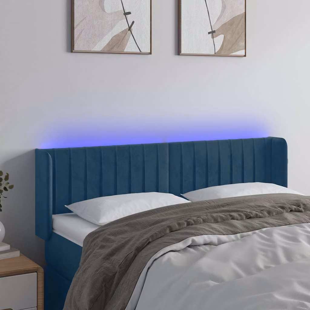 Testiera per letto vidaXL in velluto blu scuro con illuminazione LED integrata e porta di ricarica USB, L: 147 cm, P: 16 cm, H: 78-88 cm
