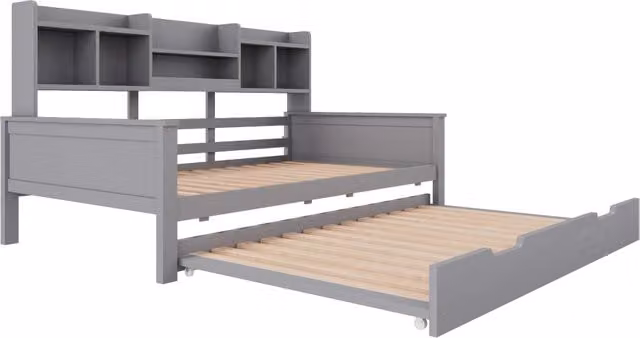 Letto singolo estraibile moderno in legno e MDF grigio con vani portaoggetti e rete a doghe, L/P/H: 90 x 200 x 120 cm – 1