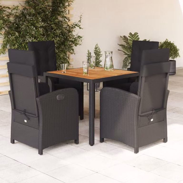 Set da Pranzo da Giardino vidaXL in Polyrattan e Legno di Acacia Nero con 5 Pezzi e Cuscini