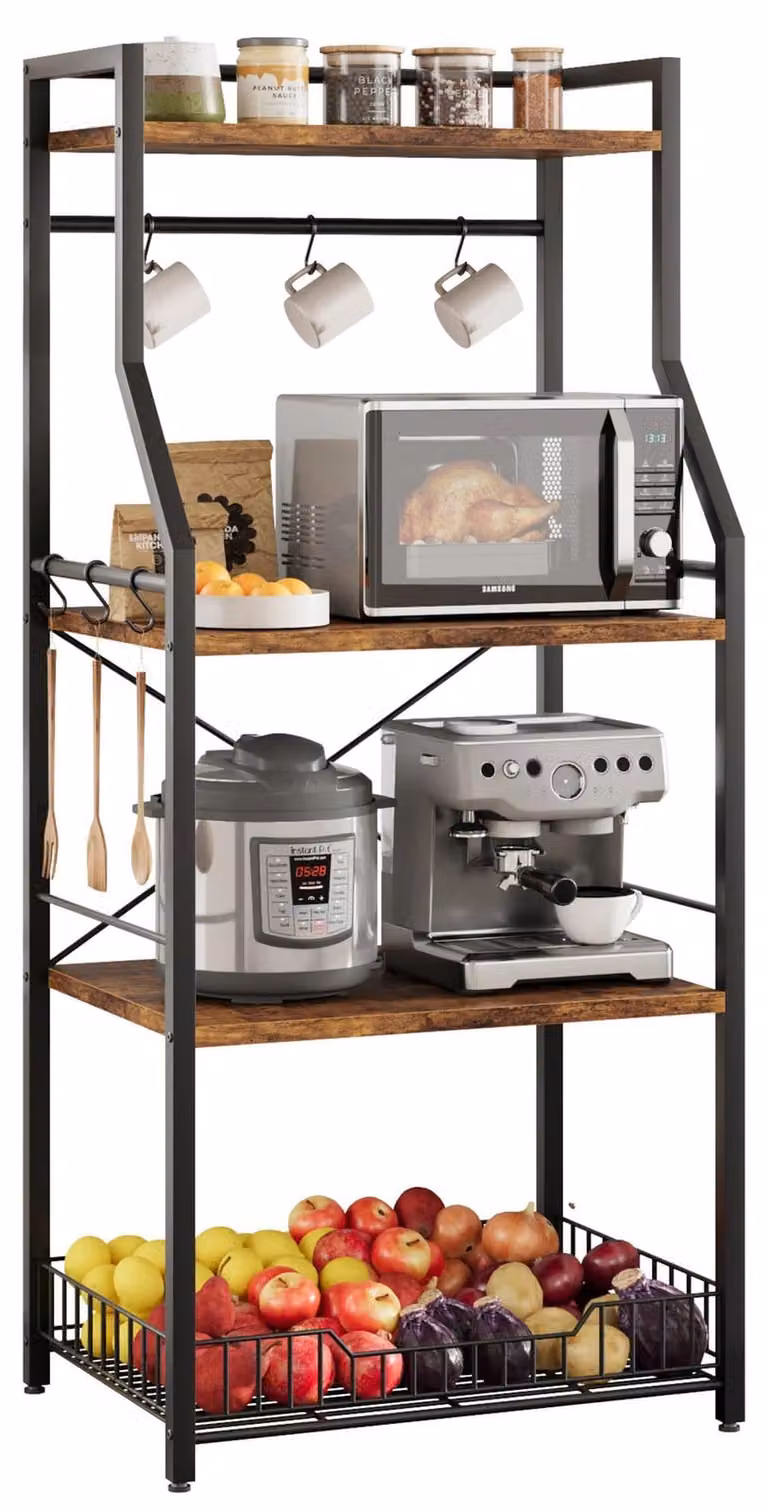 Scaffale da cucina - Supporto per microonde - 4 ripiani - Ampio cestello in filo metallico - Ferro - Multifunzionale - Per spezie e pentole