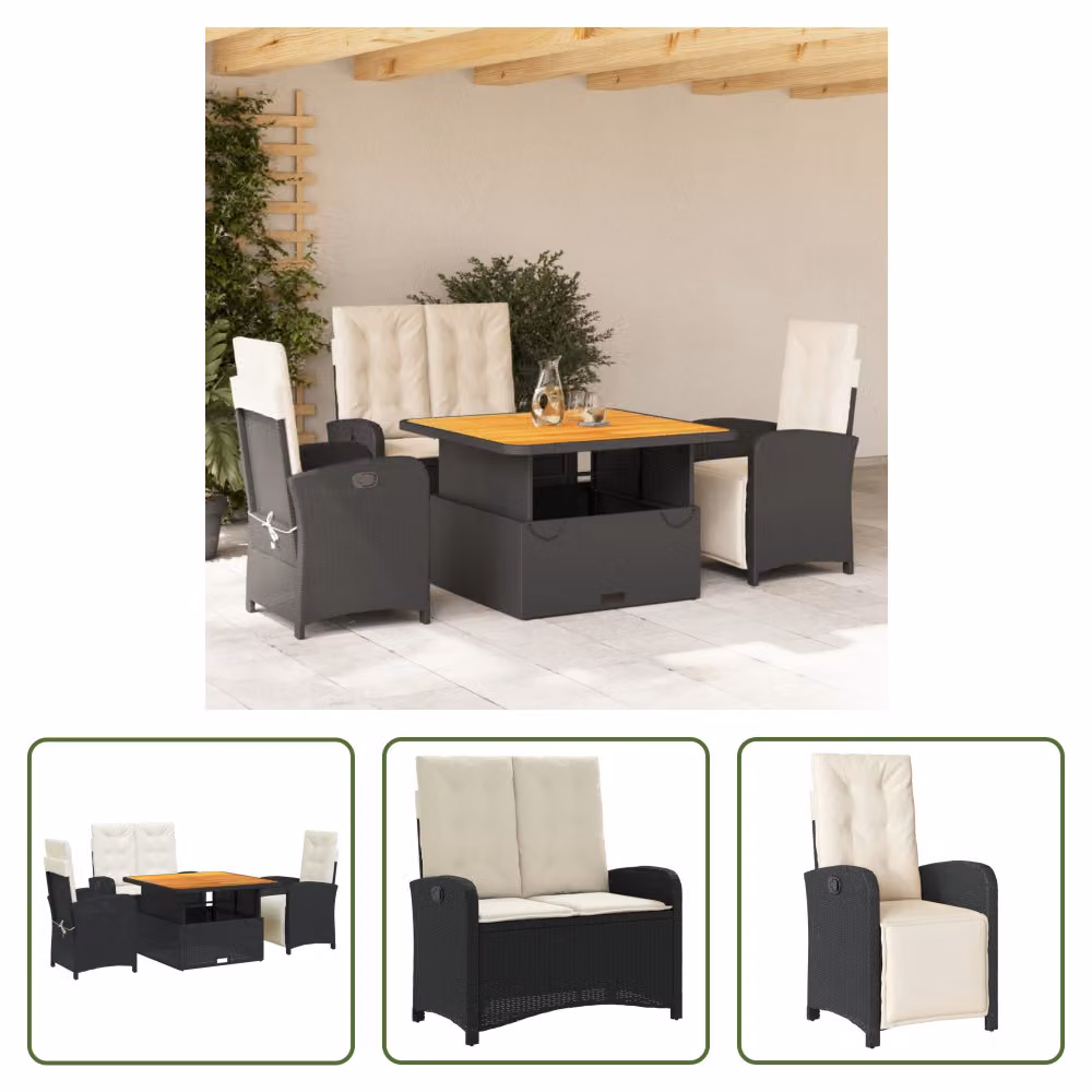 The Living Store Set da pranzo da giardino 4 pezzi con cuscini in poly rattan nero
