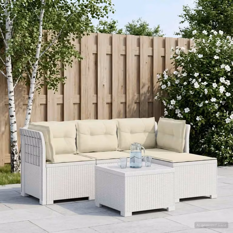 vidaXL Divano da giardino a L per 4 persone con cuscini bianchi, design moderno in rattan sintetico resistente alle intemperie