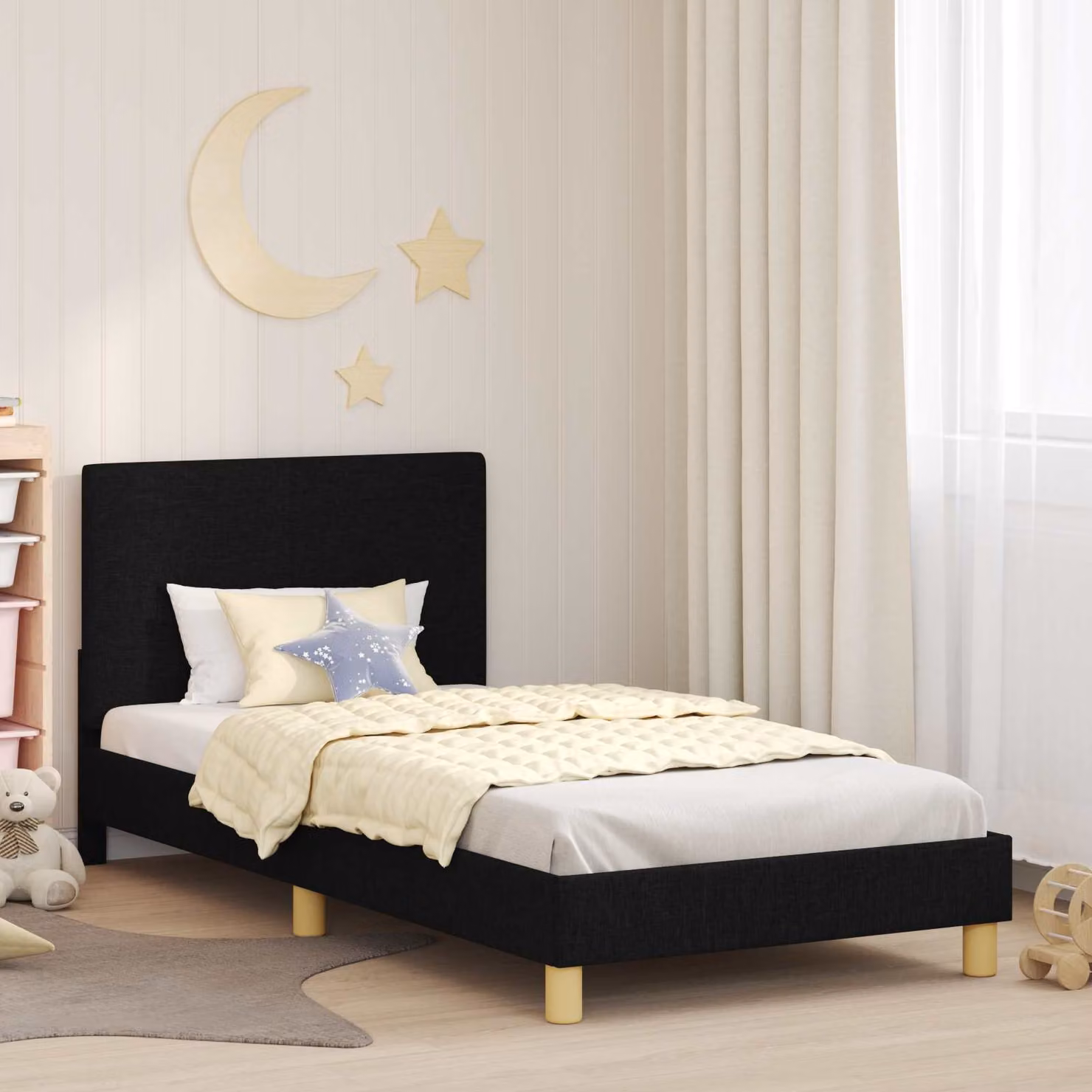 Struttura letto a casetta per bambini vidaXL in tessuto nero con ripiani laterali, L/P/H: 200 x 90 x 84 cm