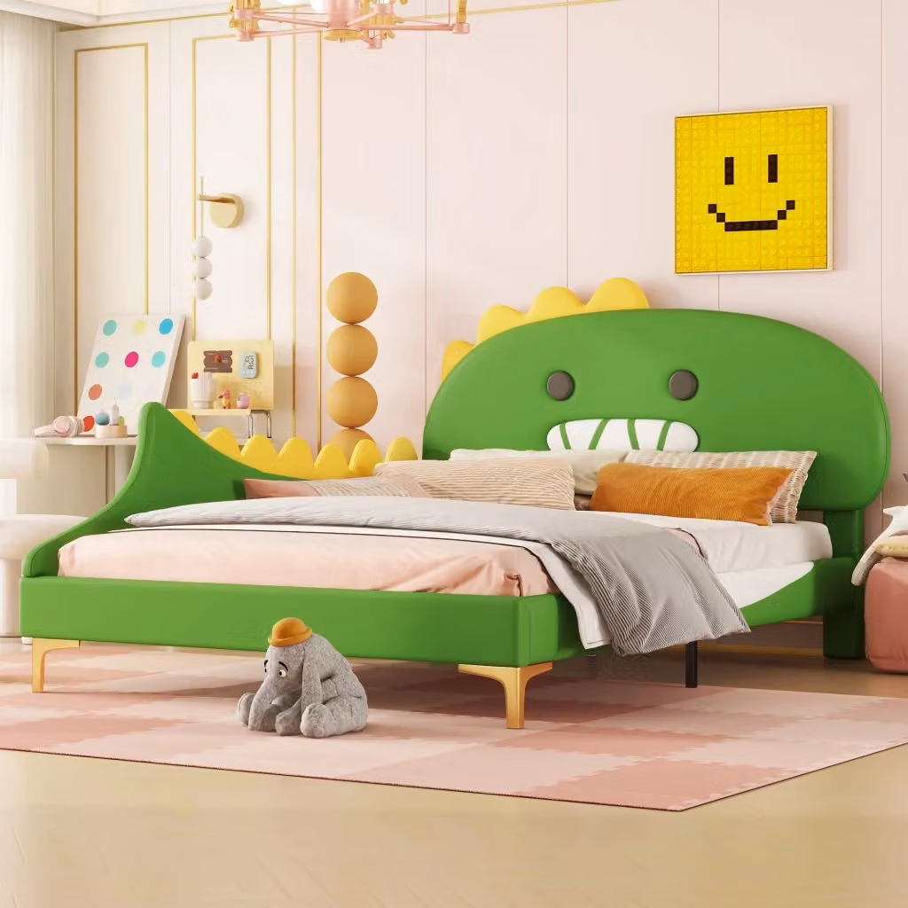 Letto bambino Chicfurn con testiera a dinosauro verde, L/P/H: 200 x 140 x 110 cm, in MDF e similpelle – 2