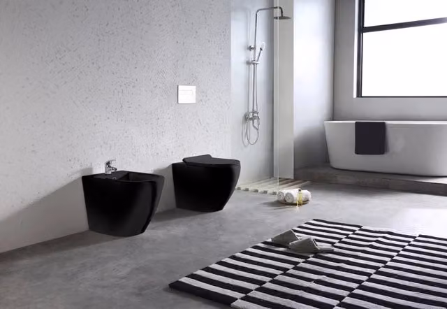 Sanitari a Terra Filo Muro Wc Bidet Copriwater Sof Close Nero Bent Rimles