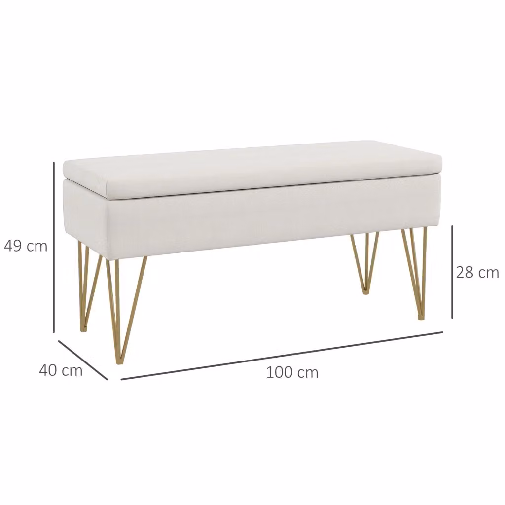 Panca contenitore WISHDOR in tessuto bianco con struttura in metallo e MDF, L: 120 cm, P: 40 cm, H: 49 cm – 2