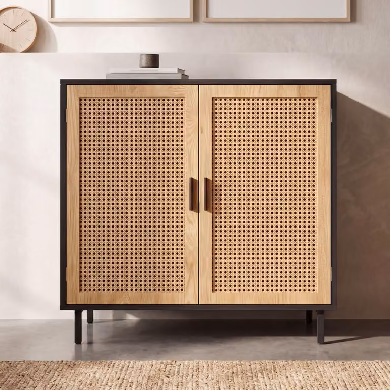 FineBuy Credenza 80x86,5x40 cm Cassettiera nera con vimini viennese Cassettiera alta senza tempo Mobile da terra Soggiorno con 2 ante Credenza Rattan