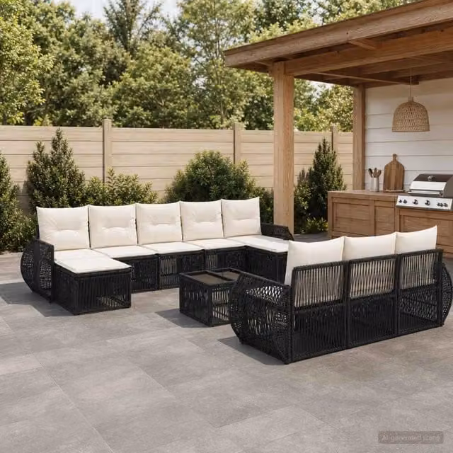 Set Divano da Giardino vidaXL 11 Pezzi a Forma di U in Polyrattan con Cuscini e Tavolino, Nero e Bianco Crema