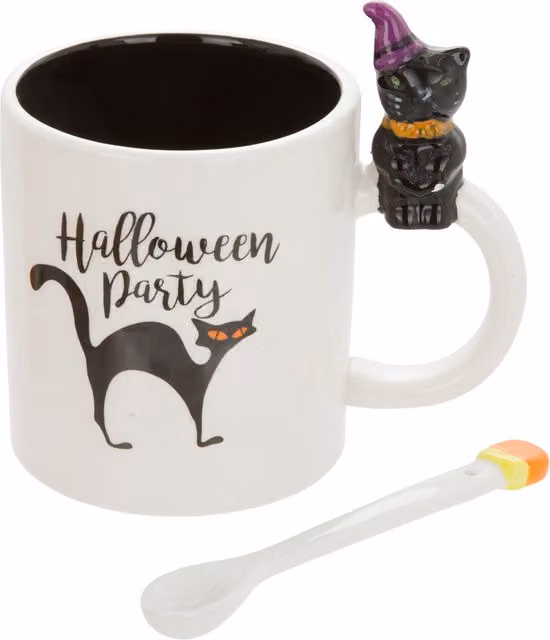 Mug gatto nero Halloween ceramica 500 ml con cucchiaino