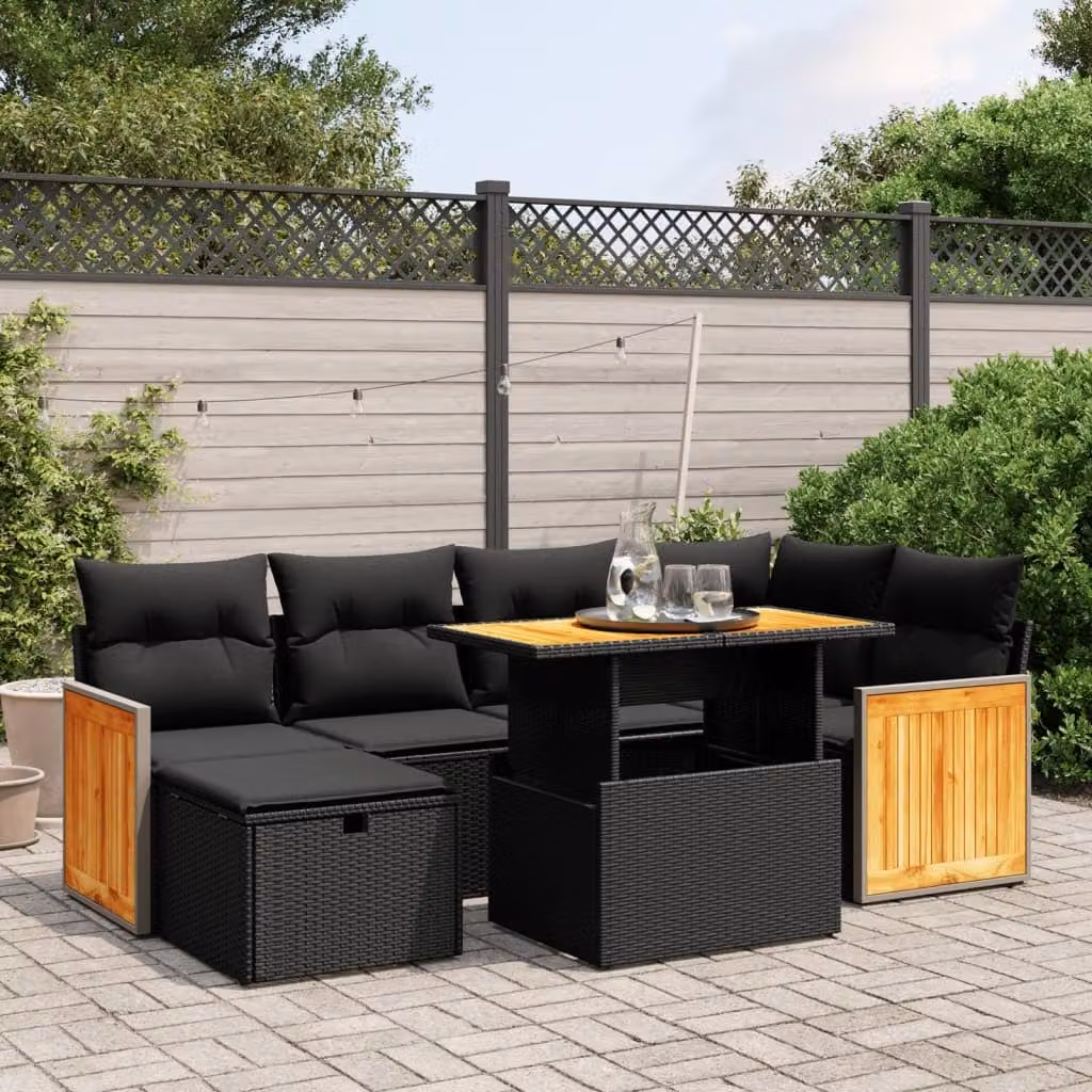 vidaXL Set Divani da Giardino a L con Cuscini 7pz Nero Polyrattan e Tavolino da Esterno – 1