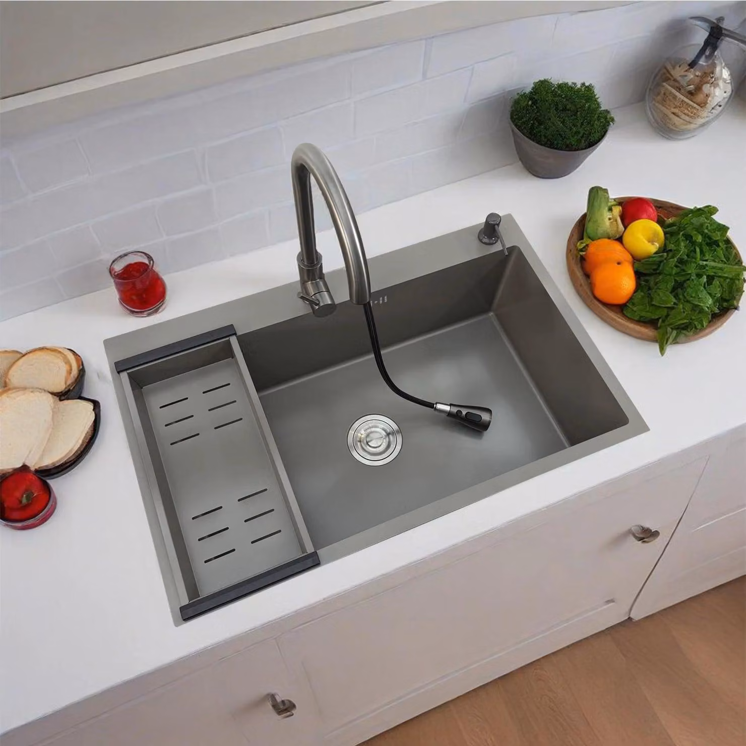 Lavello da cucina - Lavello - Lavello in acciaio inossidabile - Lavello a vasca singola - Vasca da cucina - Grigio scuro - 80x50 cm