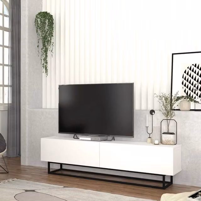 Mobile Porta TV Nolven en.casa con 2 Ante Ribalta e Telaio in Metallo, Bianco, L: 180 cm, P: 31,5 cm, H: 46,5 cm