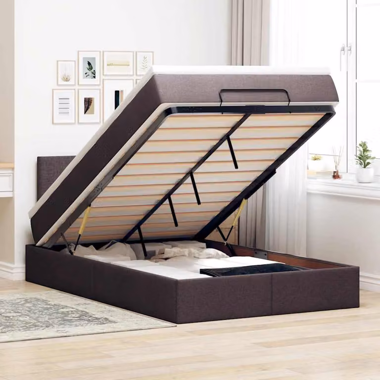 Letto Pouf con Materasso vidaXL in Tessuto con Base a Sollevamento, Illuminazione Sotto il Letto e Porte USB, Marrone e Bianco, L/P/H: 200 x 80 x 88 cm