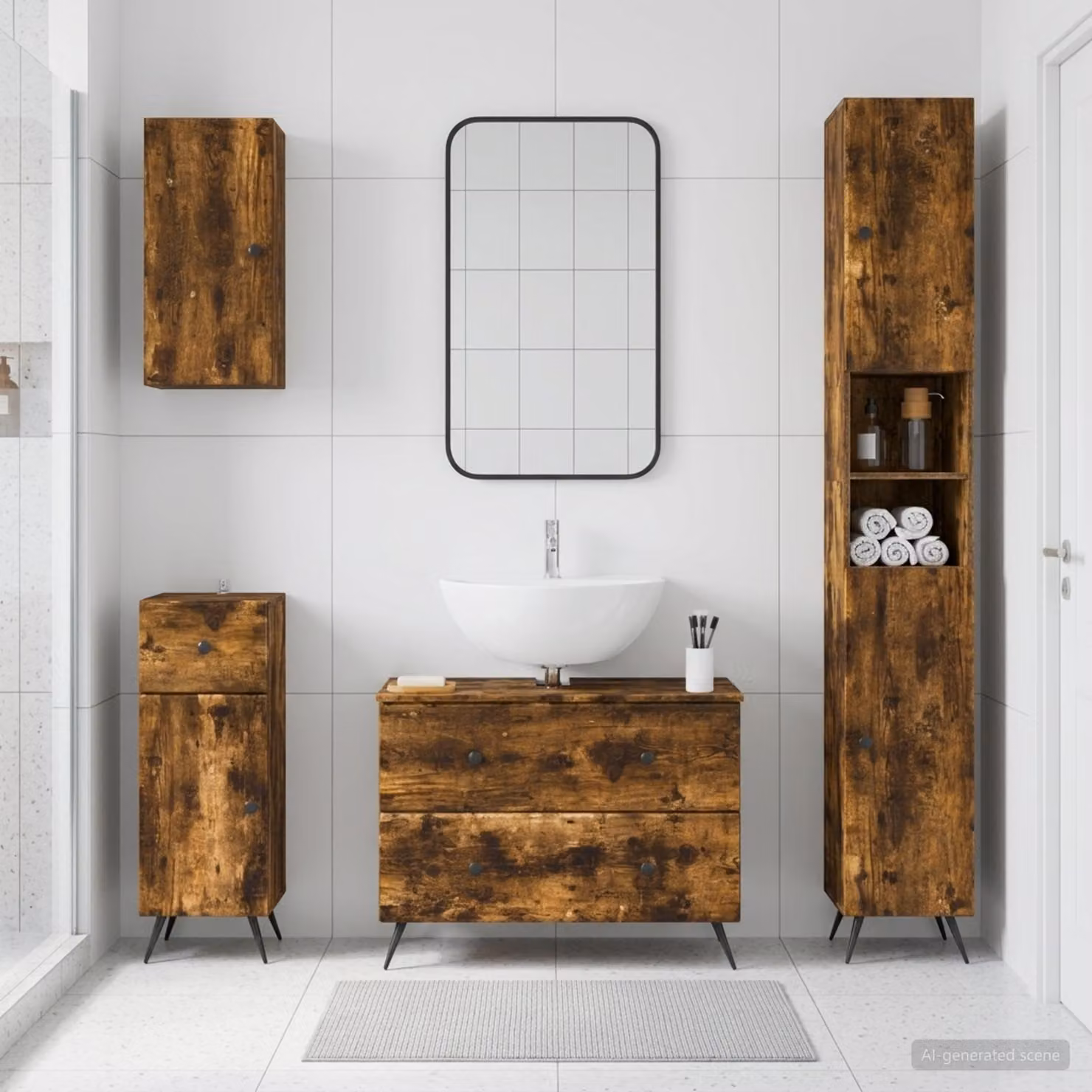Set di mobili da bagno moderno vidaXL BREDA in legno Rovere Fumo, 4 pezzi, marrone opaco, L/P/H: 82,0 x 41,0 x 190,0 cm