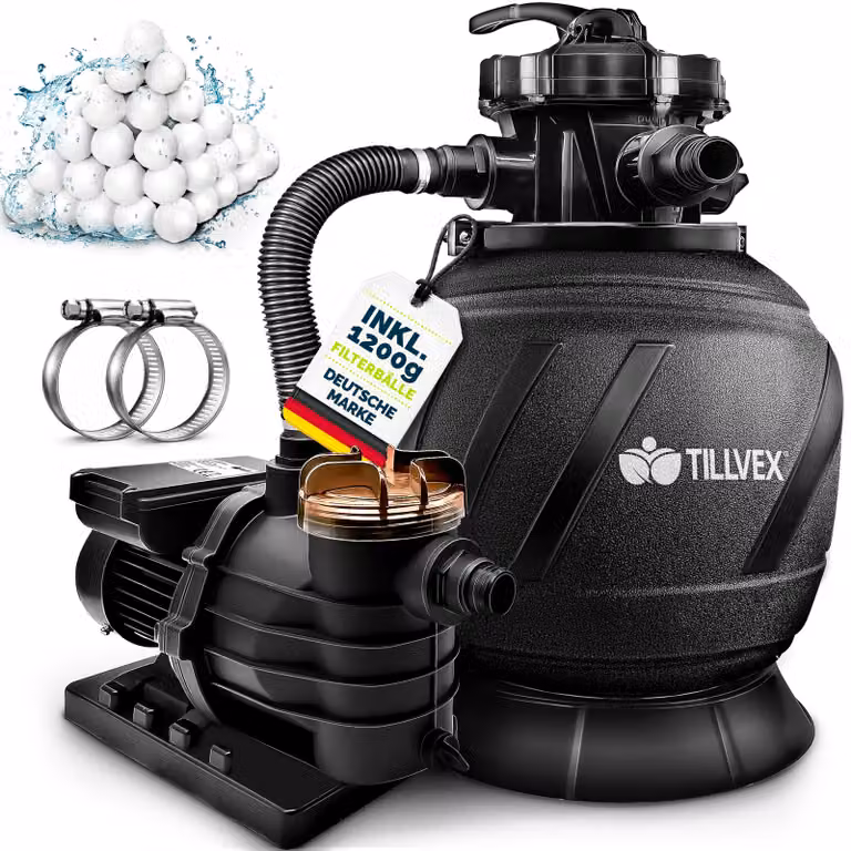 Impianto di filtrazione a sabbia tillvex® Pool AquaBlack Pro da 13.200 l/h a 40.000 l + 1200 g di sfere filtranti | Impianto di filtrazione con valvola a 7 vie e adattatore 2 in 1 Ø 32-38 mm | Filtro per piscina autoaspirante | Filtro a sabbia per piscina