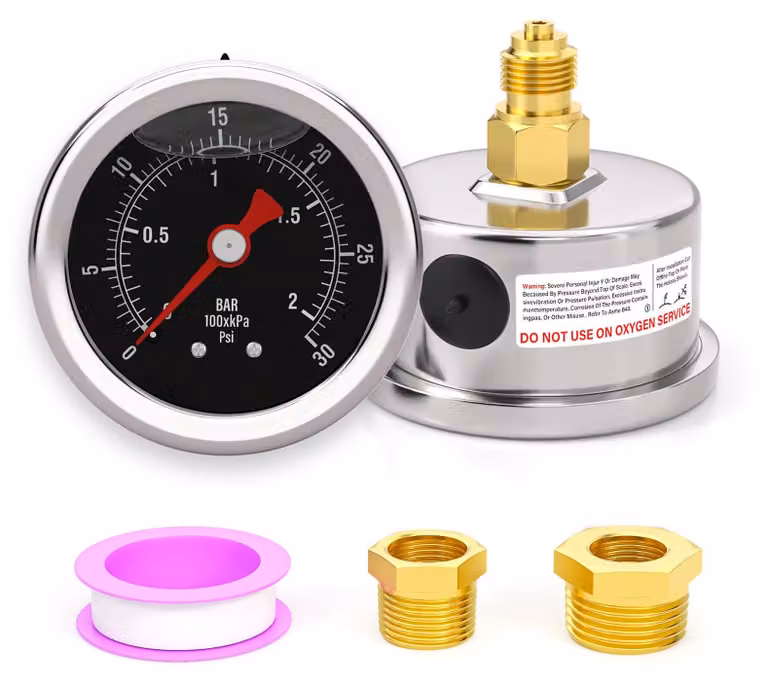 Manometro da 1,5", riempito con glicerina, scala da 0 a 30 psi / 0 a 2 bar, attacco 1/8" BSP
