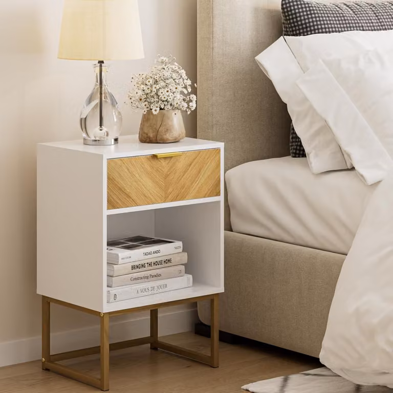 Comodino moderno in legno bianco con cassetto in rovere