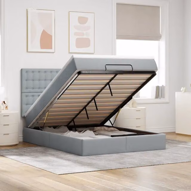 Letto con contenitore a sollevamento e materasso vidaXL in tessuto moderno con porta USB e illuminazione sottostante, L/P/H: 203 x 144 x 128 cm, Grigio e Bianco