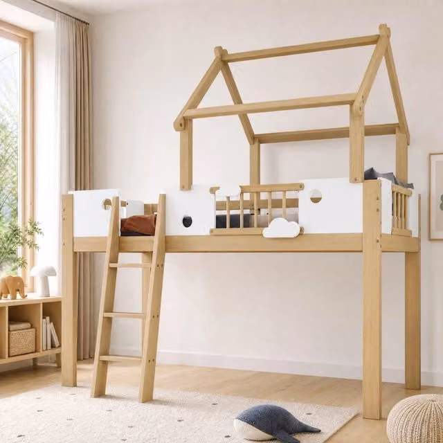 Letto a soppalco MIVRAY per bambini con struttura a casetta, scala inclinata e finitura bianco naturale, L/P: 90 x 200 cm