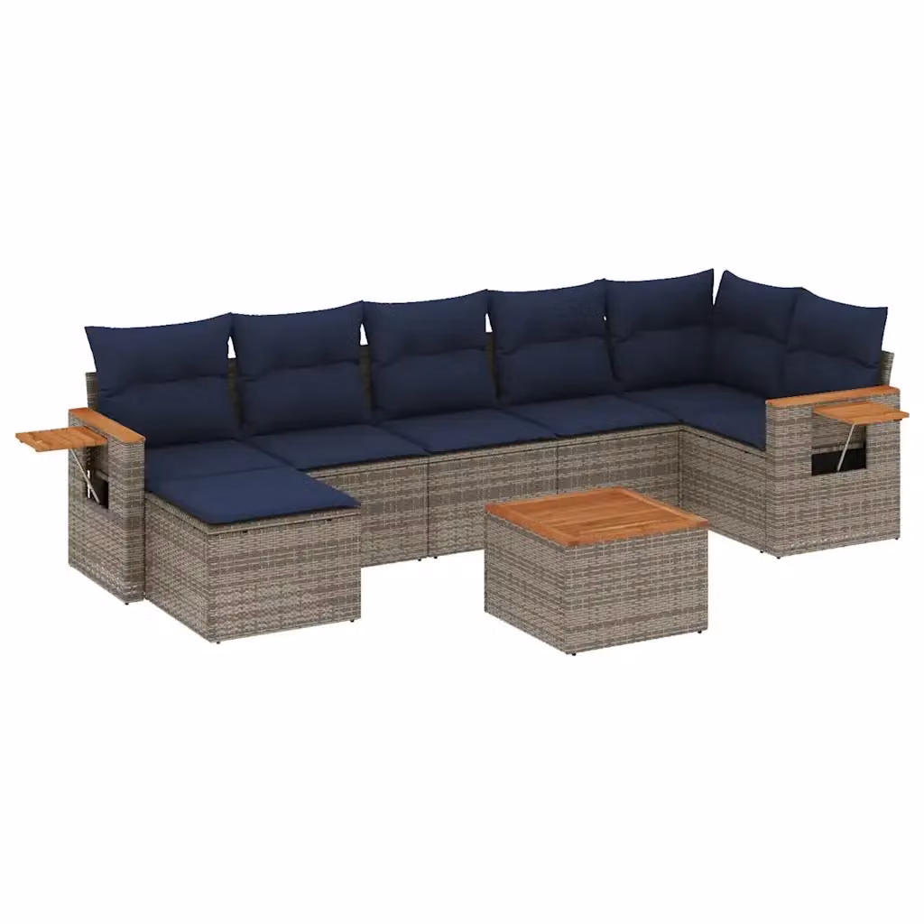 Set di divani da giardino vidaXL a forma di L composto da 8 pezzi in polyrattan con cuscini grigi e blu e tavolino da esterno – 2