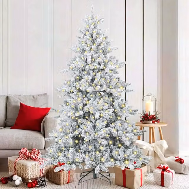 Albero di Natale Artificiale Moderno vidaXL Bianco con Luci LED Warm White e Rami Pieghevoli in PVC e Metallo, Altezza: 180 cm