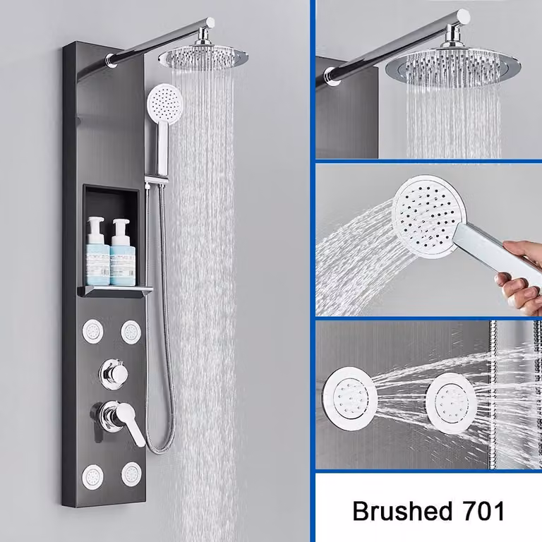 Pannello doccia - Colonna doccia con soffione a pioggia e a cascata - Display LED con illuminazione blu - Getto massaggio - Montaggio a parete - Miscelatore monocomando - Nero 7001