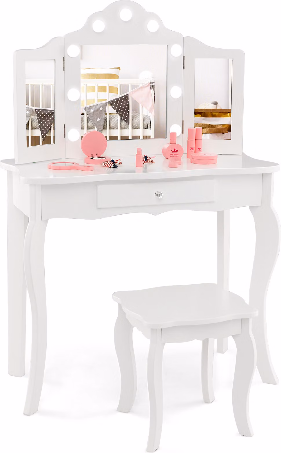 COSTWAY Tavolino da toilette per bambini 2 in 1, tavolino da toilette con luci LED, specchio pieghevole e cassetti (bianco)