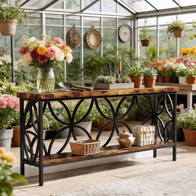 Consolle OKWISH in stile industriale con ripiano in legno e struttura in metallo nero per ingresso e soggiorno L: 160 cm, P: 29,5 cm, H: 80 cm