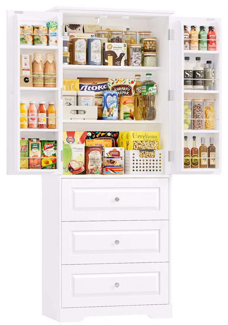 Mobile da cucina - Credenza alta - 2 ante e 3 cassetti - Ripiani regolabili - MDF - 60x40x150 cm - Bianco