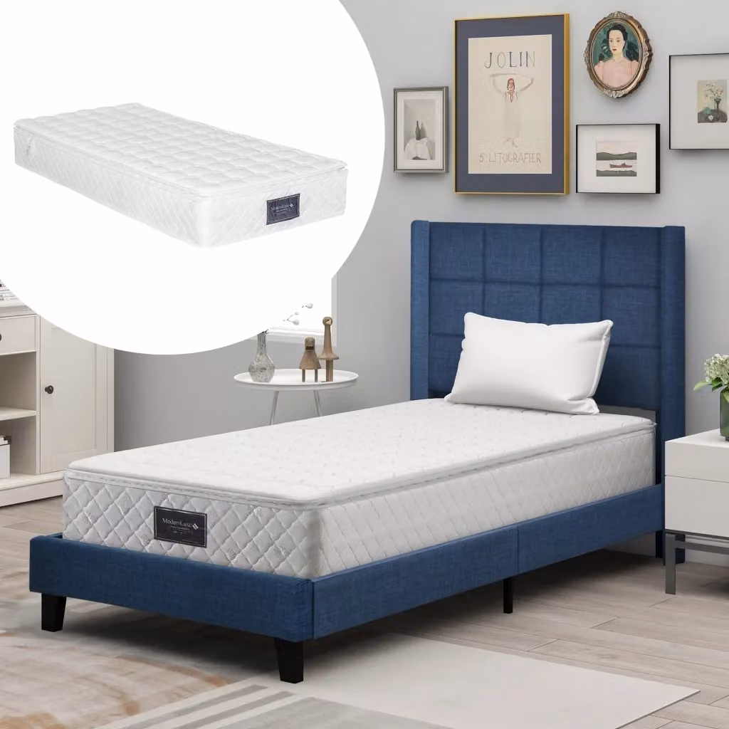 Letto imbottito WISHDOR con materasso a molle e rete a doghe in legno, L/P: 90 x 200 cm, Blu e Nero – 2
