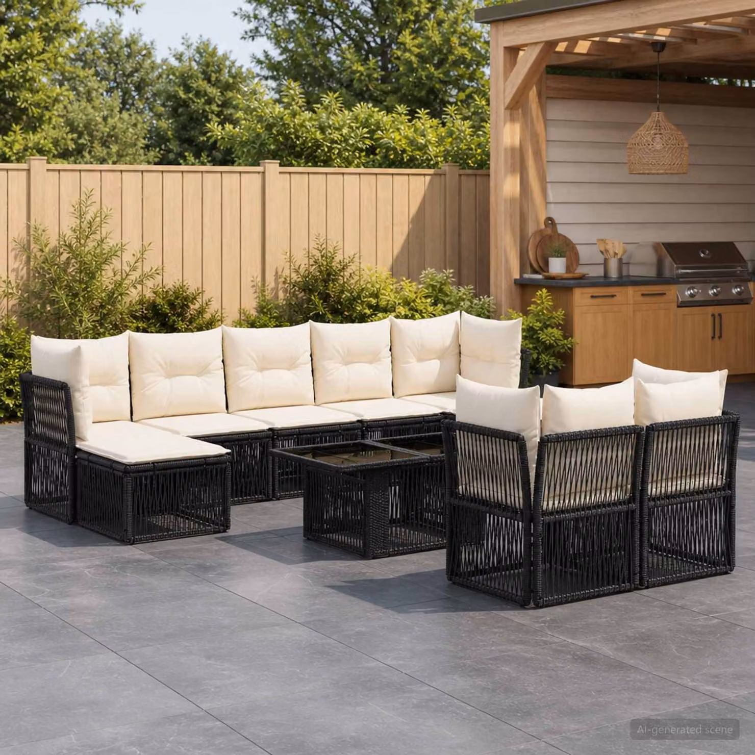 Set Divano da Giardino vidaXL 10 Pezzi a Forma di U in Polyrattan Nero con Tavolino e Cuscini