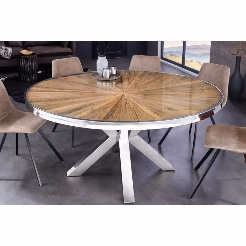 Tavolo da pranzo rotondo Meublorama in legno di teak e vetro temperato trasparente con base centrale in metallo, Diametro: 120 cm – 2