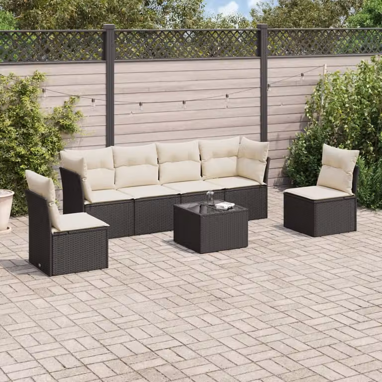 Set di Divani da Giardino vidaXL a Forma di L con Tavolino e 7 Cuscini in Polyrattan Nero