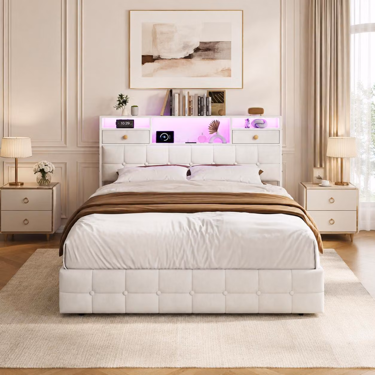 Letto imbottito INONEFT 160x200 con LED e USB, letto matrimoniale con testiera dotata di 2 cassetti e scaffali aperti, letto per ragazzi con contenitore a sollevamento idraulico, color beige