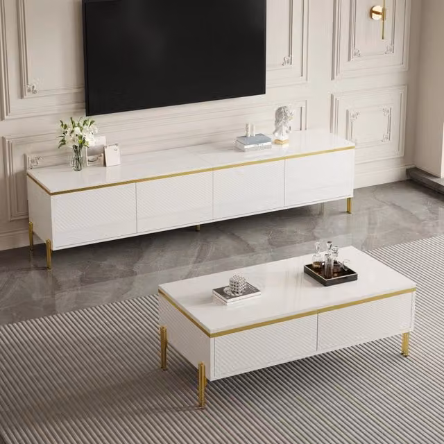 Set mobile TV e tavolino 170x38x50 cm e 100x50x36 cm con contenitori in truciolato bianco