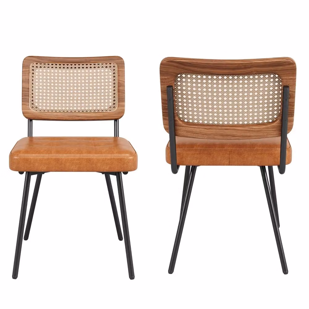 Set di 2 sedie da pranzo Minimal in similpelle e rattan marrone con design moderno imbottite – 2