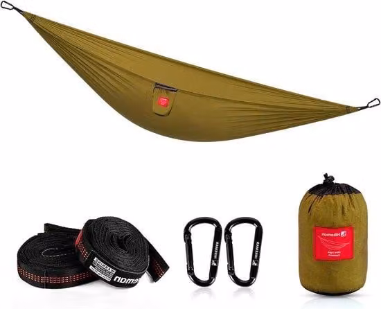 Amaca da campeggio portatile con due cinghie per alberi, 270 x 145 cm, ideale per campeggio, escursioni, picnic, giardino e spiaggia (color kaki)