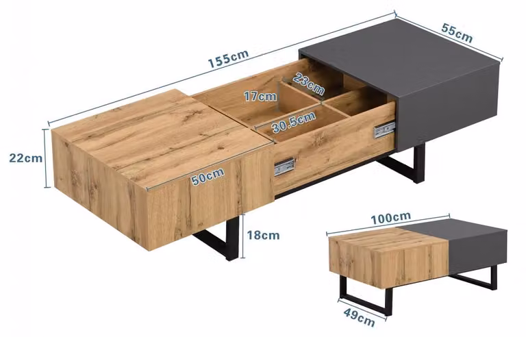 Tavolino da divano moderno e mobile, con spazio contenitivo, struttura in legno e dettagli in metallo. Versatile, dimensioni: 155 x 55 x 40 cm