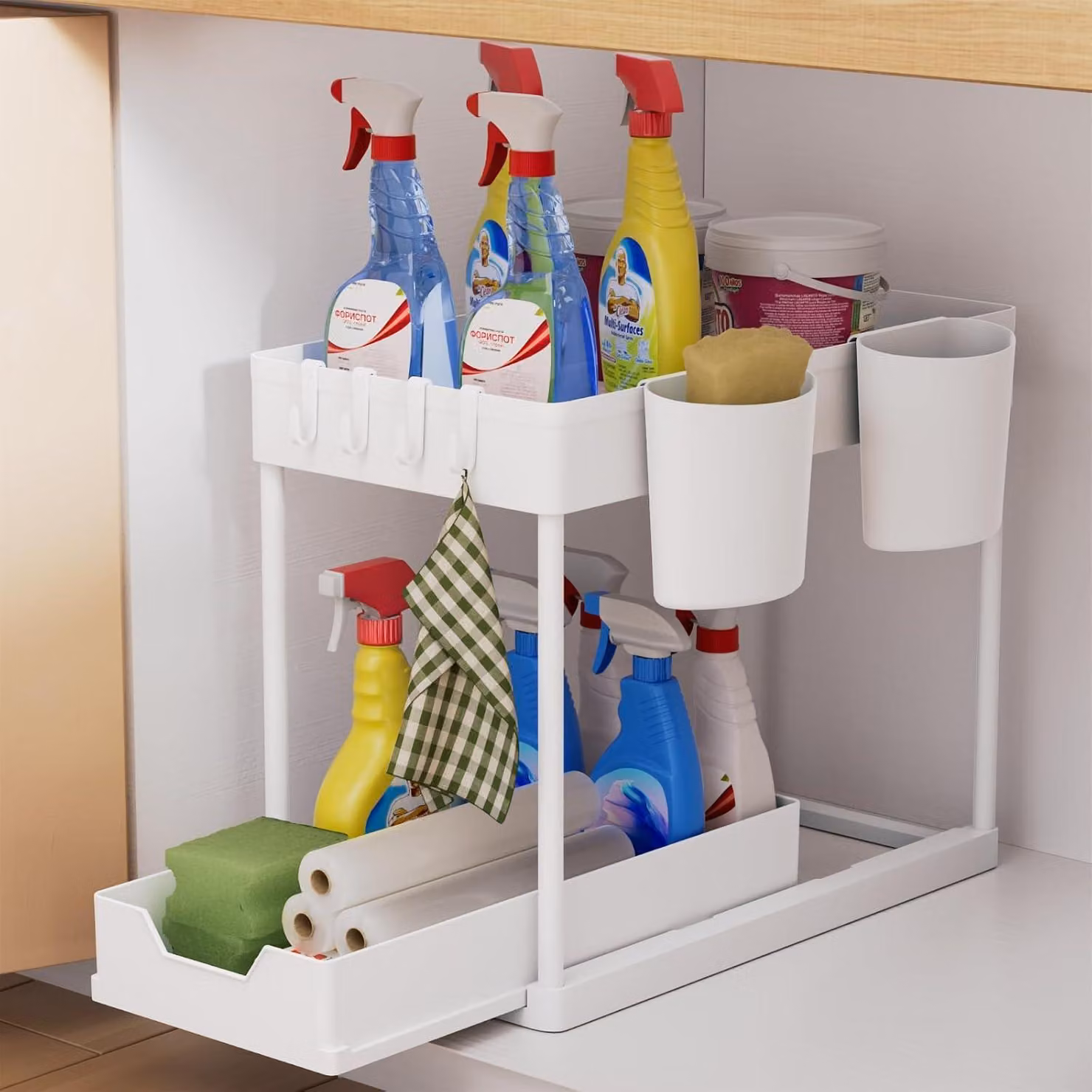 Organizzatore per cucina, 2 ripiani, da posizionare sotto il lavandino, con ganci e portabicchieri, colore bianco, 1 set