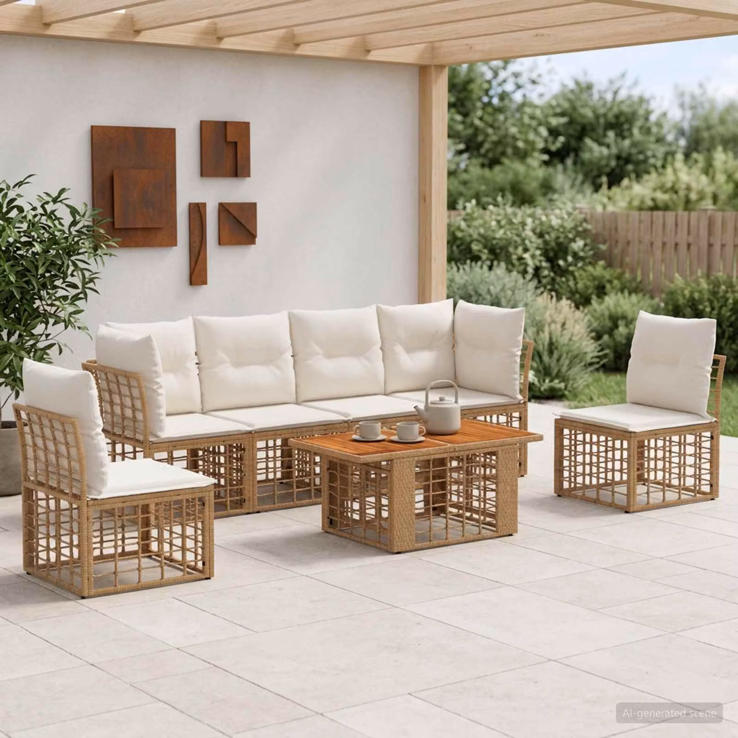 Set Divano da Giardino vidaXL 7 pz in Polyrattan con Cuscini, Colore Naturale e Bianco Crema