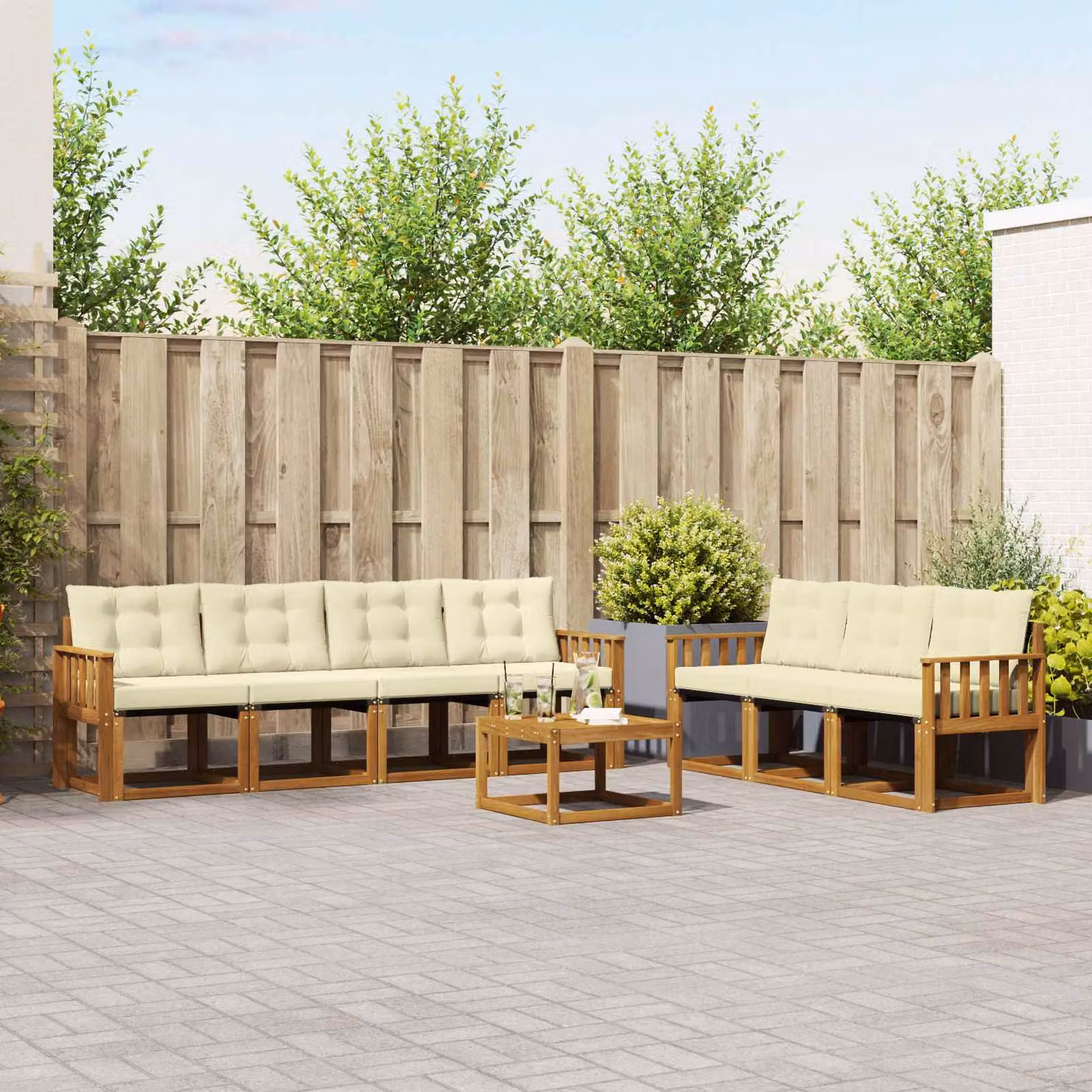Set di divani da esterno vidaXL 8 pezzi in legno di acacia con tavolino e cuscini, colore beige e bianco
