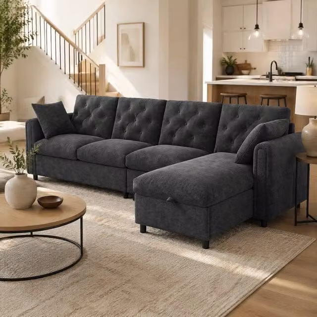 Divano angolare L con contenitore e funzione letto; reversibile; 281x132x86 cm; grigio
