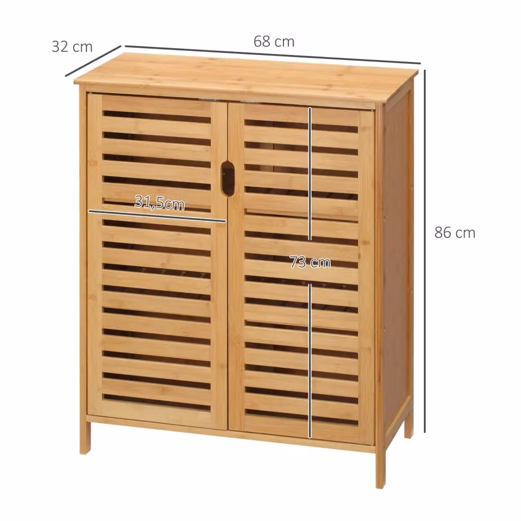 Armadio da bagno REDOM in bambù naturale con ante a battente e ripiani interni, L: 68 cm, P: 32 cm, H: 86 cm – 2